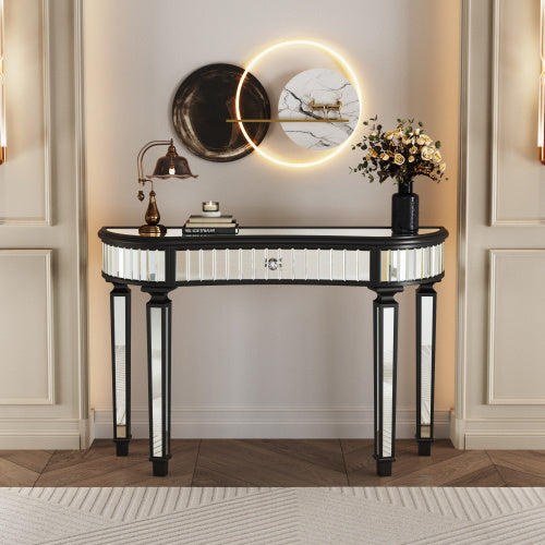 47 Half  Moon Mirrored Console Table With Fluted Glass  Crystal Knob Drawer  Silver Entryway Vanity Desk For BedroomDressing RoomGold Sliver