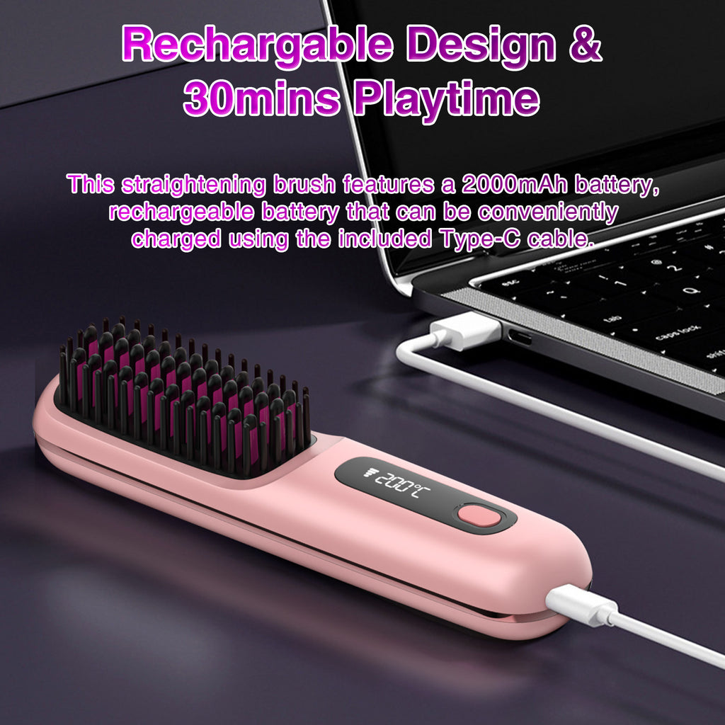 S7 Portable Cordless Hair Straightening Brush with LED Display – USB Rechargeable Mini Hot Brush
