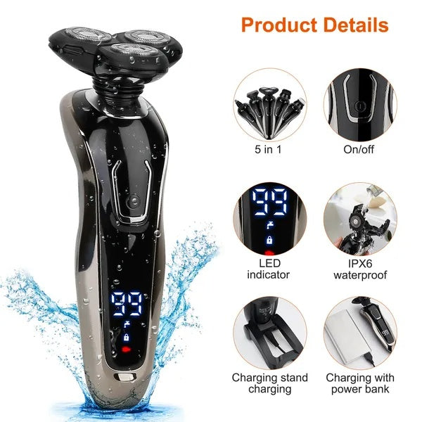 5 In 1 Electric Razor Shaver Rechargeable Cordless Head Beard Trimmer Shaver Kit IPX6 Waterproof Dry Wet Grooming Kit