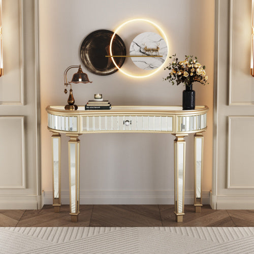 47 Half  Moon Mirrored Console Table With Fluted Glass  Crystal Knob Drawer  Silver Entryway Vanity Desk For BedroomDressing RoomGold Sliver