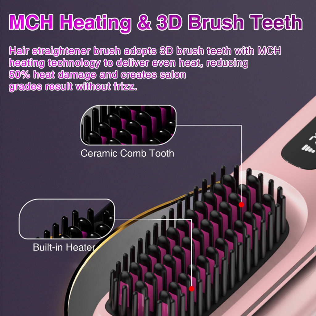 S7 Portable Cordless Hair Straightening Brush with LED Display – USB Rechargeable Mini Hot Brush