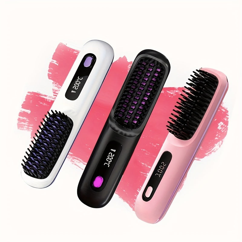 S7 Portable Cordless Hair Straightening Brush with LED Display – USB Rechargeable Mini Hot Brush