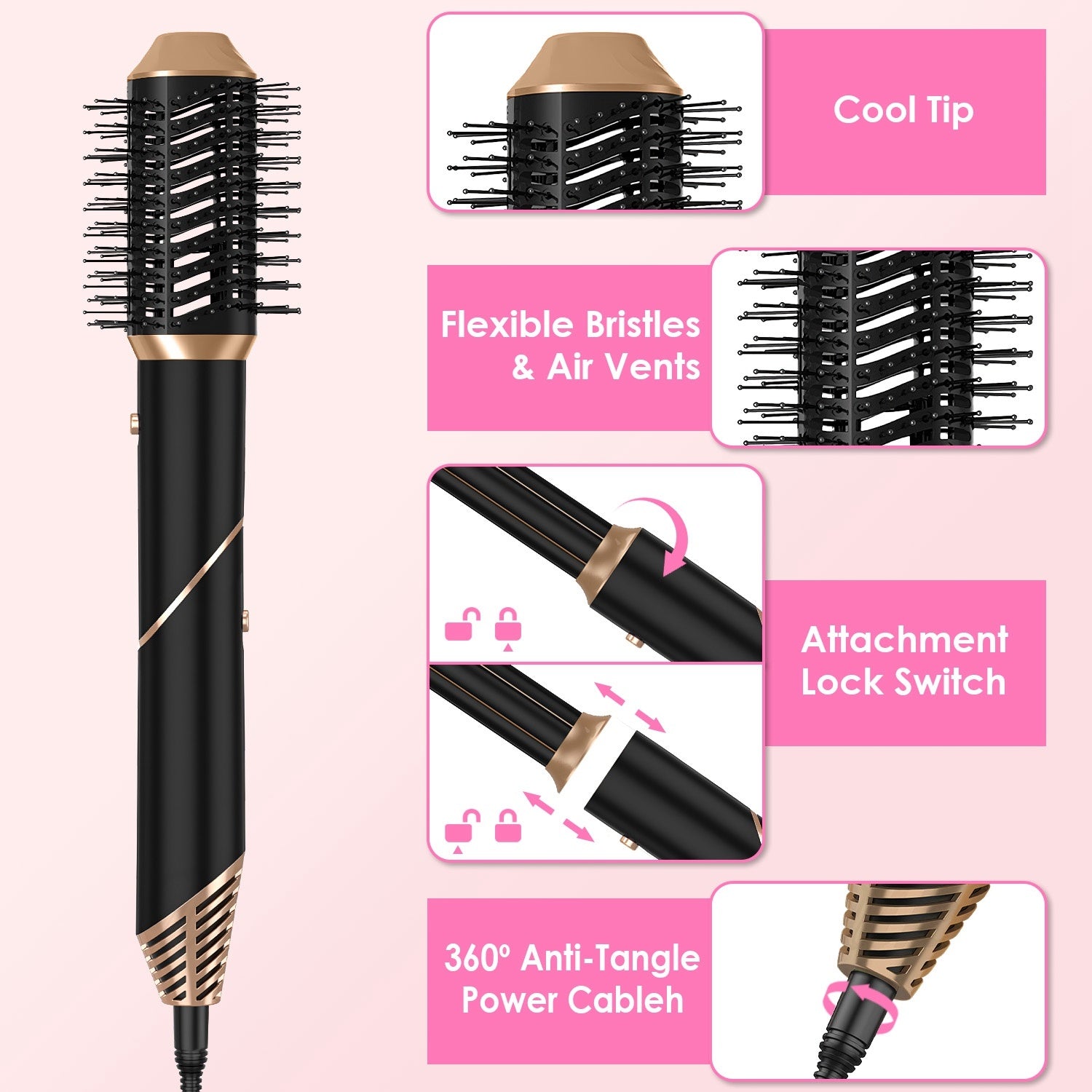 1Pc 5 In 1 Hot Air Styler Straightener Curler Dryer Automatic Wrap Styler Hair Dryer Brush Set With 3 Temp Settings ALCI Plug Glove Cable Tie 2 Alligator Hair Clips